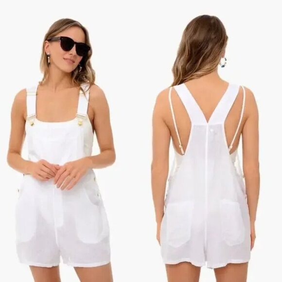 WeWoreWhat Off White Linen Bib Short Overall Romper 37476 - Picture 1 of 12